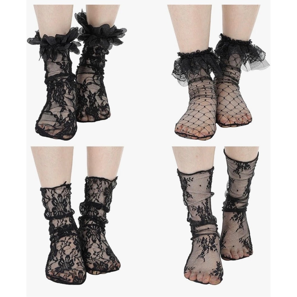 Shimmeroo 4-Pair Women's Black Lace Fishnet Ankle Socks – One Size – New